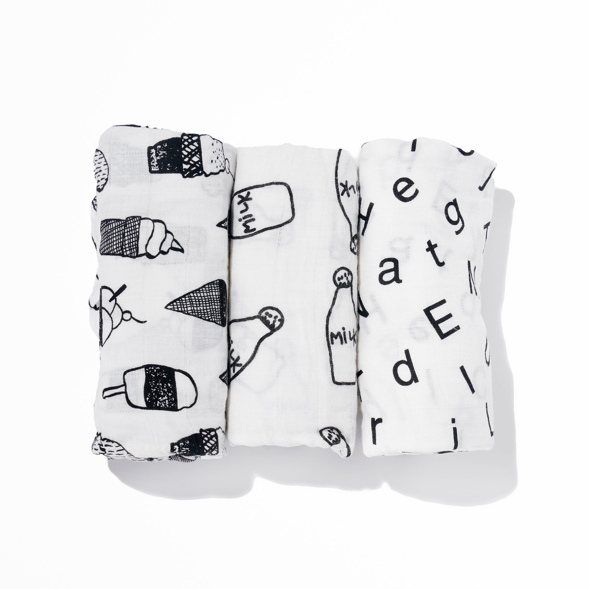 3-Pack Baby Swaddle | Swaddle Blanket | Sleep Sack | Burp Cloth | Newborn Swaddles | Muslin Swaddle Blanket | Letters, Milk, Ice Cream - EliteBaby